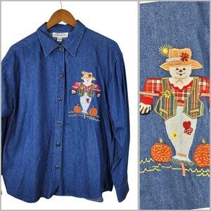 Vintage Denim Shirt Top Jacket Large Scarecrow Embroidered Shacket Pumpkin